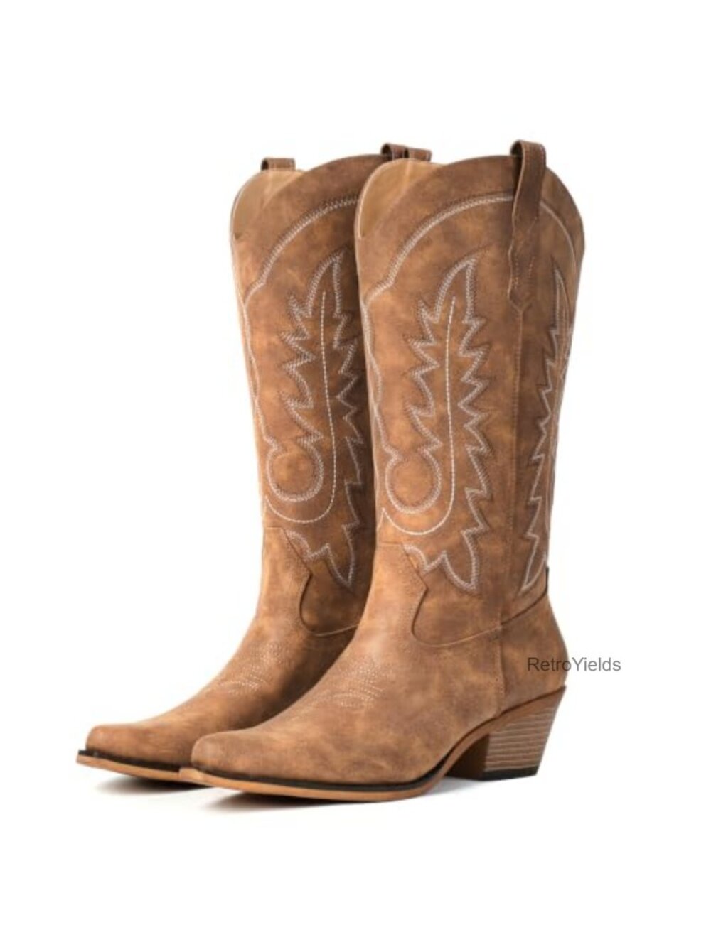 Women's Mid Calf Cowboy Boots Faux Leather Pointed Toe Chunky Heel Western